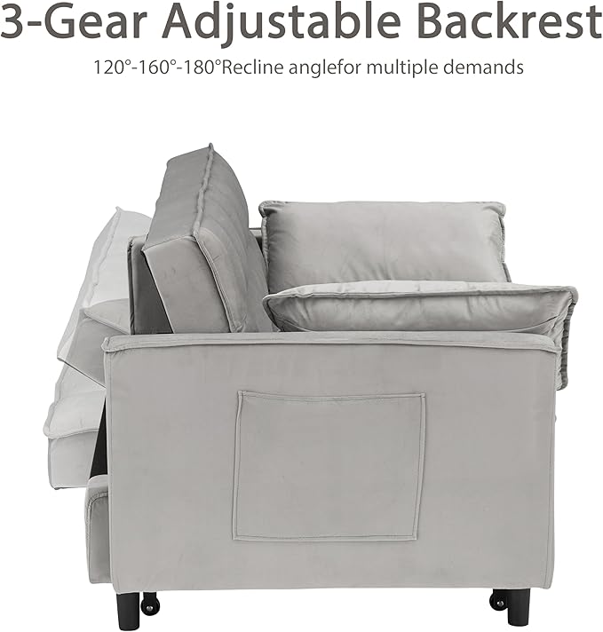 55 Sleeper Loveseat3 in 1 Sofa BedPull Out Couch Bed with 2 Pillows and Side PocketsVelvet Convertible Bed for Small Spaces Living Room (Gray)