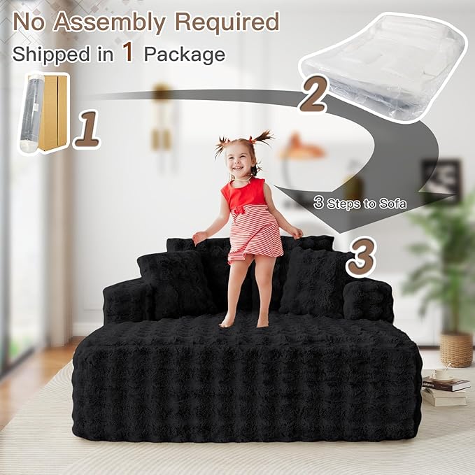56 W Oversized Chaise Lounge Chair IndoorPlush Faux Fur Sleeper Couch Sofa Bed with PillowsFluffy Comfy Cloud SofaCompression Foam Boneless Couch for Living RoomBedroom(Bubble Black)