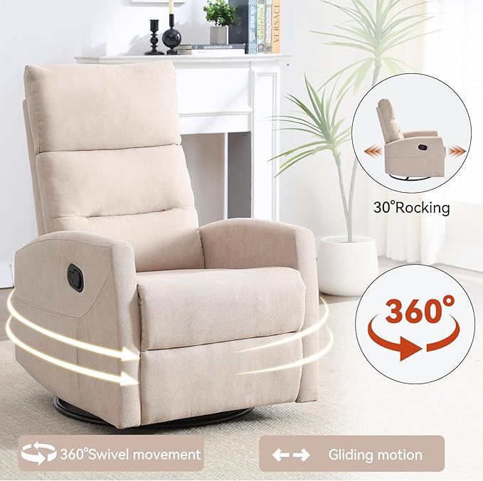 Swivel Rocker Recliner Chair for Adults Rocking Recliner Chair Rocker Nursery Glider ChairRecliners for Small Spaces Manual Recliner Single Sofa for Living Room Nursery(Beige)