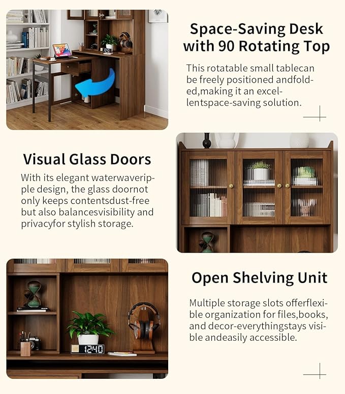 Home Office Computer Desk with 90 Degree Rotating Retractable Desktop L Shaped Corner Executive Desk with Bookshelf | Hutch | Drawer | Storage Shelves Wood Table for Work Study Writing Walnut