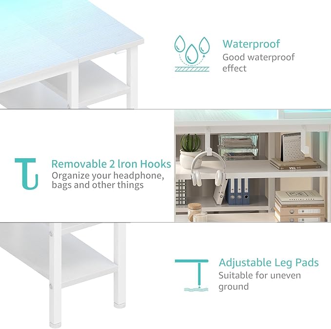 Lufeiya White Desk with Storage Shelves - 47 inch Home Office Gaming Desk with Monitor Stand Computer Desk with LED Lights and Power Outlets White