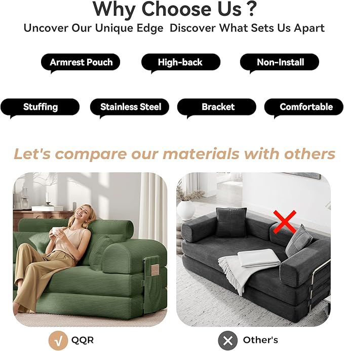 Upgrade High Backrest Design Sofa Bed with Fixed-Shape Frame &amp Removable Armrests and Backrest Corduroy Fabric Convertible Mattress Couch for Small Spaces - No Assembly (High Backrest Olive Gree