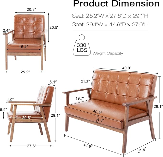 Okeysen Modern Loveseat Sofa SetUpholstered Leather Couch Love Seats 2-Seat &amp Accent ChairLiving Room Furniture SetsSmall Couches for Small Spaces Living RoomApartmentOffice(Brown)