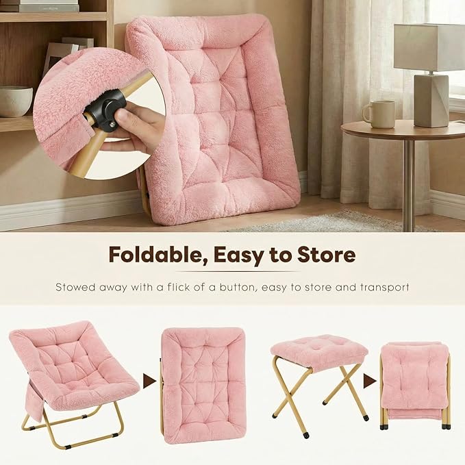 Folding Saucer Chair Comfy Reading Chair with Ottoman Plush Faux Fur Lounge Chair for Small Space Bedroom Dorm Living Room X-Large Lazy Chair for Adults Teens Kids