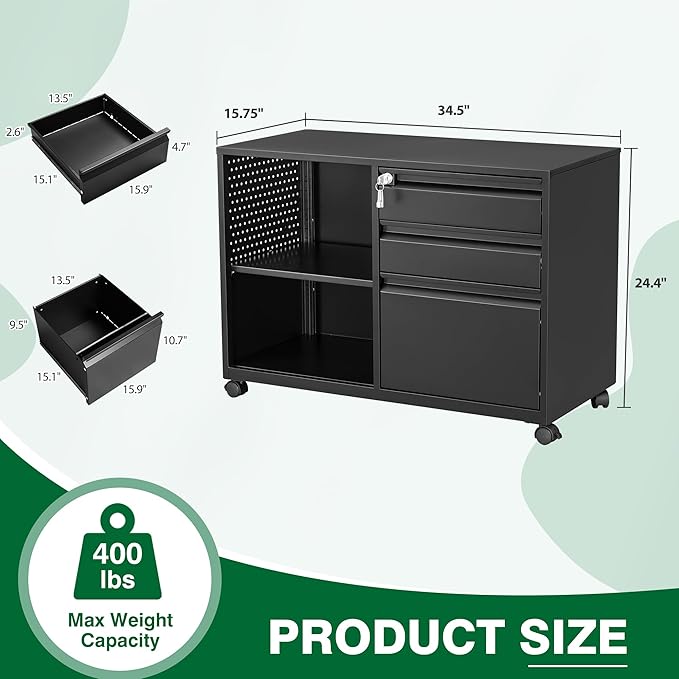 3 Drawer File Cabinet with LockMobile Lateral Filing Cabinet with Side Hook for Letters/Legal/A4 Metal Printer Stand Storage Cabinets with Shelves for Home Office(Black)