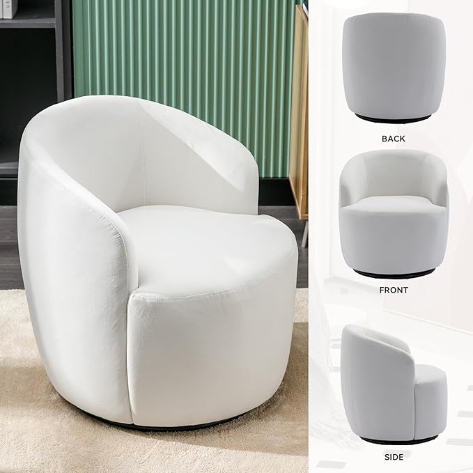 FOXHUNTER Swivel Barrel Chair 360° Small Single Sofa Armchair Comfy Round Sofa Chair Boucle Chairs Padded Armchair Modern Round Accent Arm Chairs for Living Room Bedroom Velvet White
