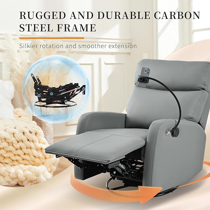 Swivel Rocker Recliner Chair for Nursery Upholstered 360° Leather-air Glider Rocking Chair with Phone Holder Manual Small Recliners for Small Spaces Living Room