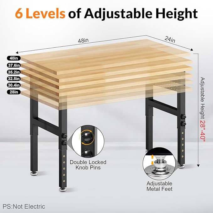 Standing Desk Stand up Desk 48x24 Inches Sit Stand Home Office Computer Desk with Power Outlet &amp Pegboard Rubber Wood Top