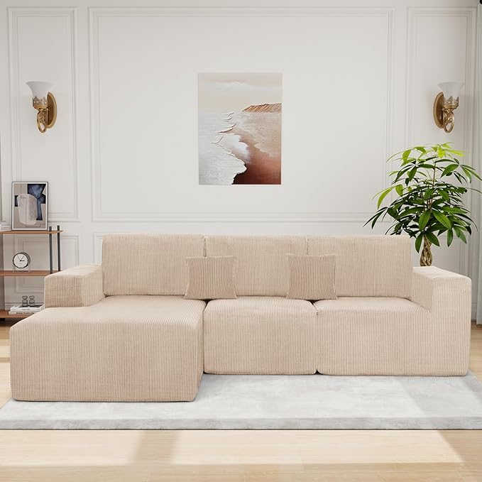 Boneless Couches for Living Room L-Shape Chaise Cloud Couch Modular Sectional 3 Pieces Deep Seat 111 Compressed Couches for Living Room Bedroom with Plush Corduroy Fabric No Assembly Required Khaki