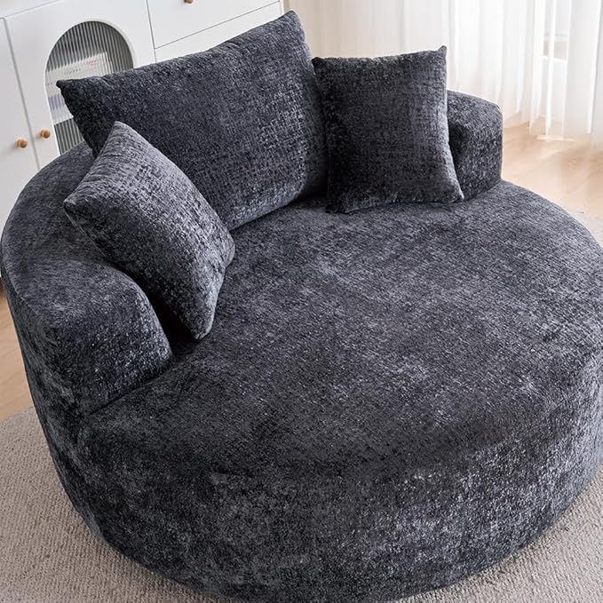 Swivel Accent Barrel Chair Oversized Modern Akili Upholstered Sofa Lounge Club Leisure Chair Round Chair for Hotel Living Room with 3 Pillows (Black Chenille) 15D x 38.6W x 50H in