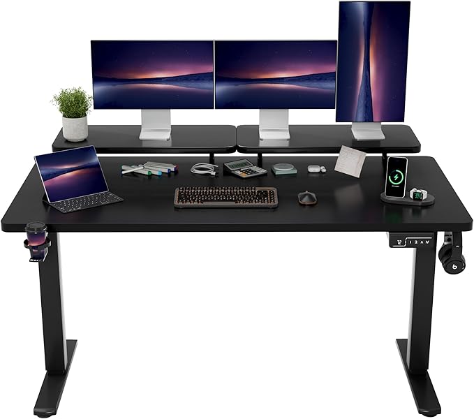 Shahoo Electric Standing Desk with Monitor Shelf 63 x 24 Inches Height Adjustable Corner Table Computer Workstation with Cup Holder and Hook for Home Office Black 63x24 Inch