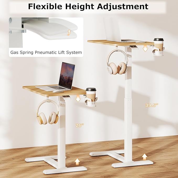 Tangkula Mobile Standing Desk Pneumatic Height Adjustable Rolling Desk with Cup Holder &amp Headphone Hook Overbed Table with Hidden Wheels Laptop Computer Cart for Couch Home Office (Natural)