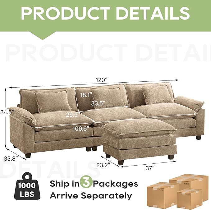120 Modular Sectional Sofa Comfy Cloud Couch Sectional Sofa with Ottoman Chenille Sofa Sleeper Deep Seat Sofa with Throw Pillows for Living Room (Khaki 120- L Shape)