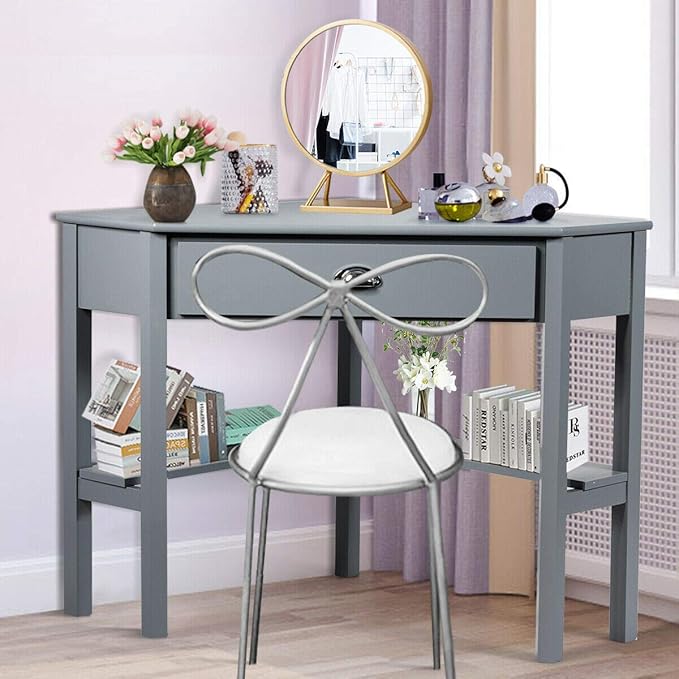 Corner Desk Compact Home Office Corner Desk Organizer90 Degrees Triangle Computer Laptop Writing Table for Small Spaces with Storage Shelf and Drawer (Gray)