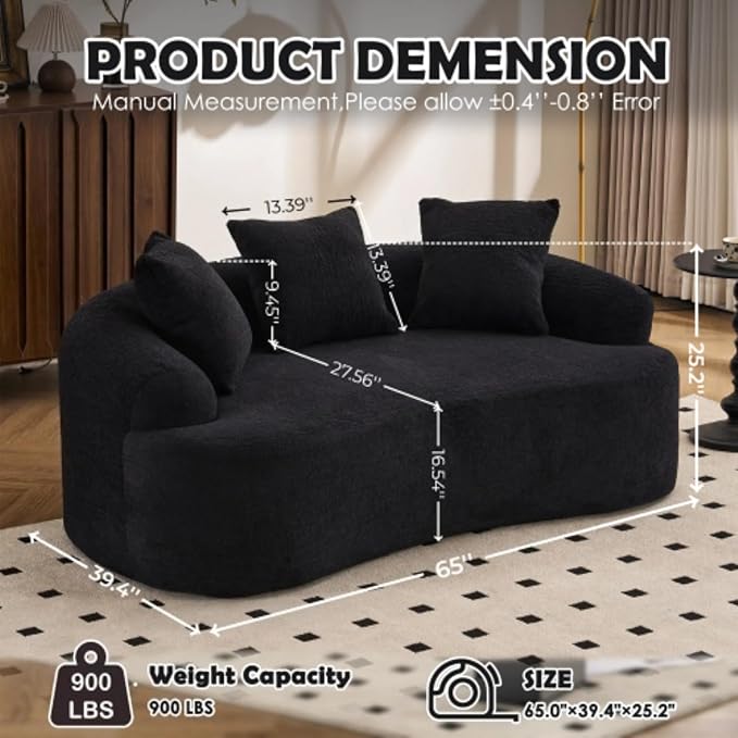 65 Curved Loveseat for Small SpacesBoneless Loveseat SofaWood Grain Chenille Fabric No Installation Requirement Curved Sofa Couch for ApartmentLiving RoomOffice (Black65)