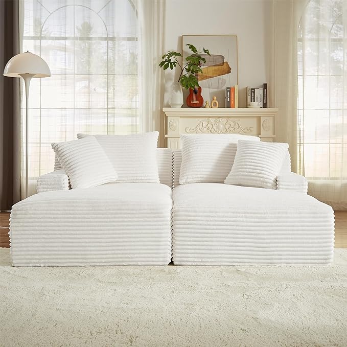 Oversized Double Chaise Lounge Chair Indoor Fluffy Upholstered Corduroy Sofa Bed with Throw Pillows Comfy Sleeper Deep Seat Sectional Loveseat Sofa Couch for Living Room (Beige)