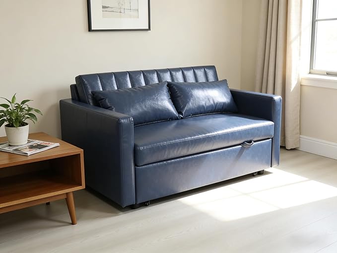55'' Leather Sofa Bed Pull Out Sleeper Sofa Couch Bed Loveseat Sleeper Futon Sofa Couch with Side Pocket Convertible Sofa Bed for Living Room Apartment Bedroom RV Blue
