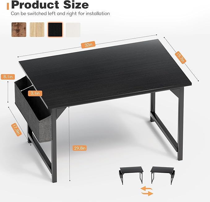 Shahoo Office Computer Desk 32 Inch Student Home Table for Writing Work with Headphone Hook and Storage Bag Dark Black