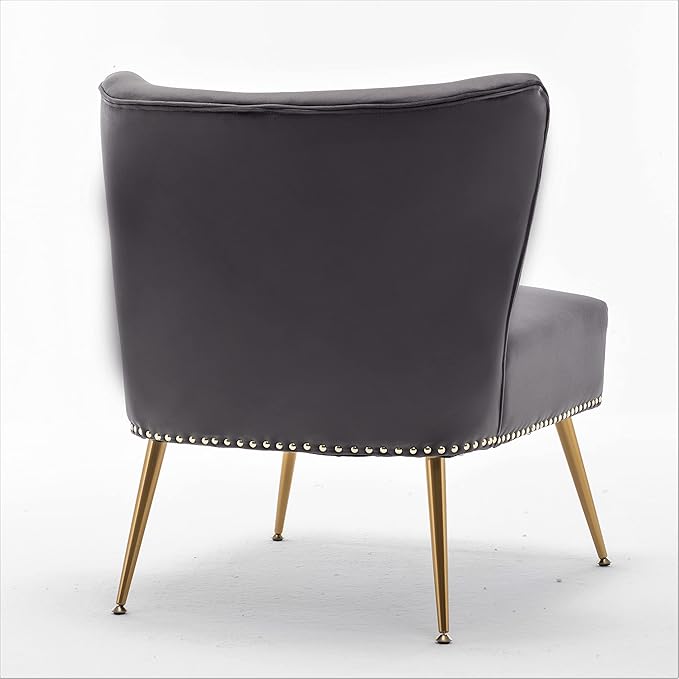 Thia Armless Velvet Accent Chair for Living Room Elegant Seat with Nailhead Trim Gold Metal Legs and Comfortable Curved Back 28 D x 25 W x 29.5 H Grey
