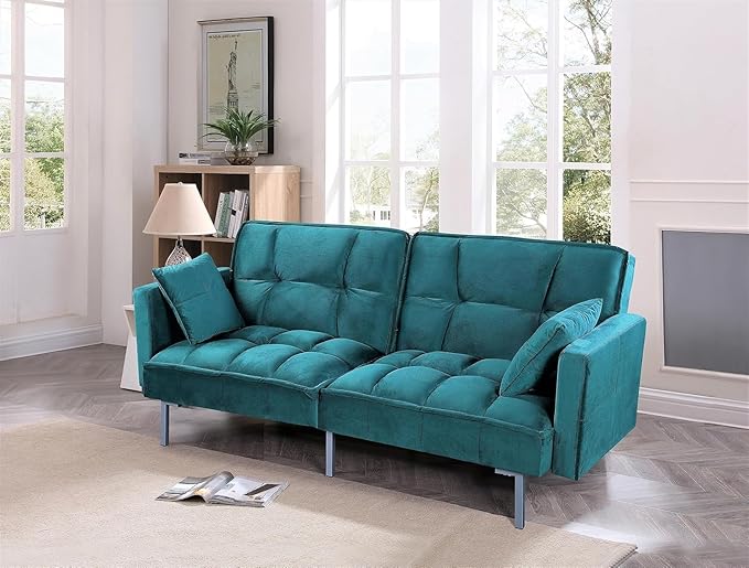 Regal 75.6 Velvet Convertible Sofa Bed - Mid-Century Sleeper Couch w/Tufted Design &amp Metal Legs - Pull-Out Futon for Guests/Home (75.6 W x 34.6 D x 32 H) Blue