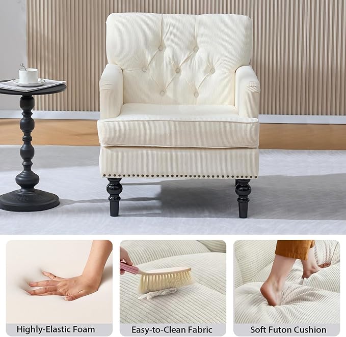 Mid Century Modern Accent Chair Upholstered Armchair for Adults with Button Linen Reading Chair with Studded and Rubber Wood Legs for Living Room Bedroom Apartment Office (Beige)