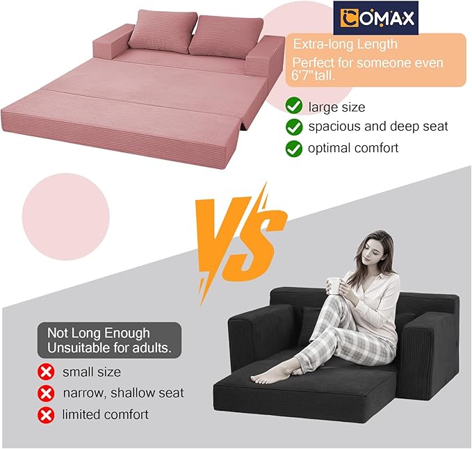COMAX Convertible Sofa Bed Queen Corduroy Folding Floor Couch Pull Out Couch Bed Futon Sleeper with Pillows Fold Out Boneless Sofa Comfy Lounge Mattress Loveseat for Living Room Bedroom Pink