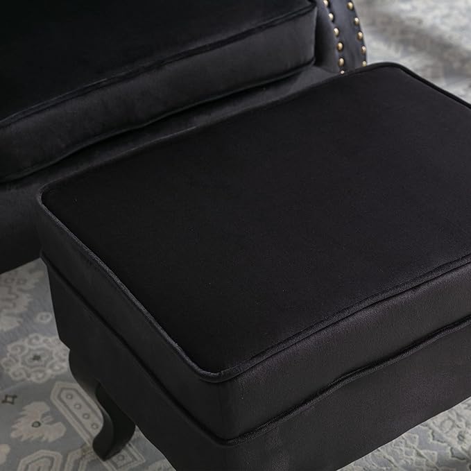 chairus Mid-Century Modern Accent Chairs with Ottoman Set of 2 Comfy Velvet Single Sofa Chair Button Tufted Wingback Armchairs with Pillow for Living Room/Bedroom/Club - Black
