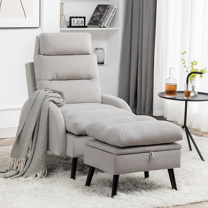 Accent Chair with Ottoman Comfy Reading Chair with Ottoman Set Modern Oversized Velvet Lounge Armchair with Adjustable Backrest for Living Room Bedroom (Grey)