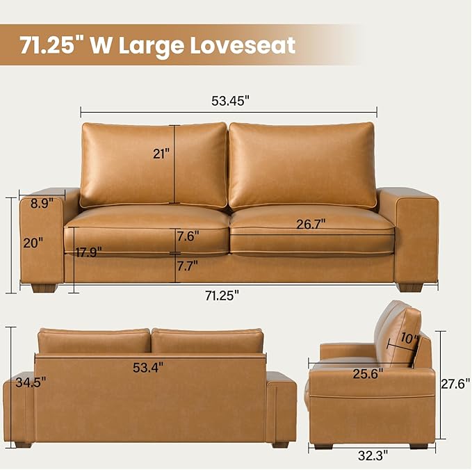 Modern Faux Leather Loveseat Sofa Compact Small Couch with Spring Cushions &amp Solid Wood Frame Easy-Clean Removable Cover Living Room Office Apartment Furniture (71.25 Brown)