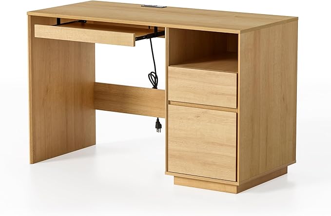 47 Executive Desk with File Drawer Farmhouse Computer Desk with Charging Station and Open Storage Compartment Wooden Home Office Desk for Writing Study Working Natural Oak
