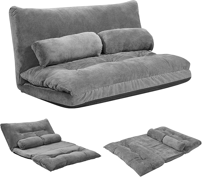 KOMFOTT Foldable Floor Lazy Sofa with 2 Pillows 6-Position Adjustable Reclining Sofa Sleeper Bed Convertible Futon Couch Bed Floor Couch Lounge for Relaxing Reading Playing Gaming (Grey)