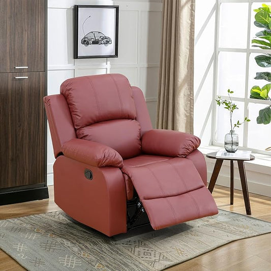 Manual Leather Recliner Chair Sofa for Living Room35 Ergonomic Reclining Chair with 10 Arm/Upholstered Seat/Metal FrameModern Single Couch for Rv Sofa/Home Theater Seating/Office(Red)