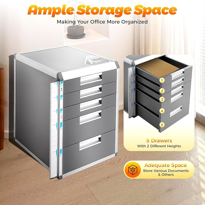 5 Drawers File Cabinet with Lock Metal Document Storage Cabinet with Keys Filing Organization Storage Cabinets for Office Home Aluminum Alloy Edge File Organizer