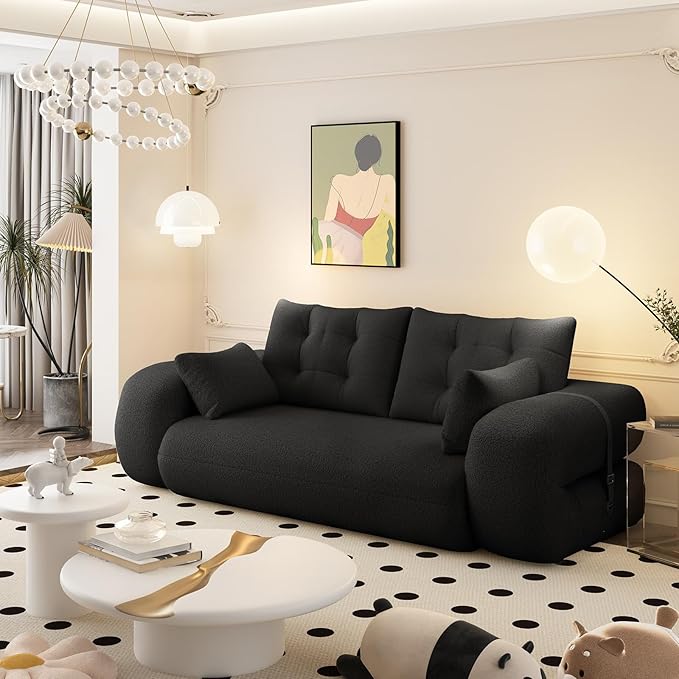 Convertible Sofa Bed with Folding Mattress Oversized Human Dog Bed 3-in-1 Sleeper Couch with Pillows and Thick Armrests 78.7 King Size Floor Sofa for Living Room Bedroom Guest Room Black Teddy