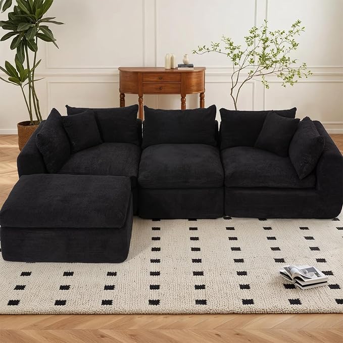 AVAWING 113 Modular Sectional Sofa Modern L Shaped Cloud Couch with Deep Seat &amp Ottoman Comfy Soft Boneless Sofa with Chaise for Living Room &amp Bedroom No Assembly Needed (Black)