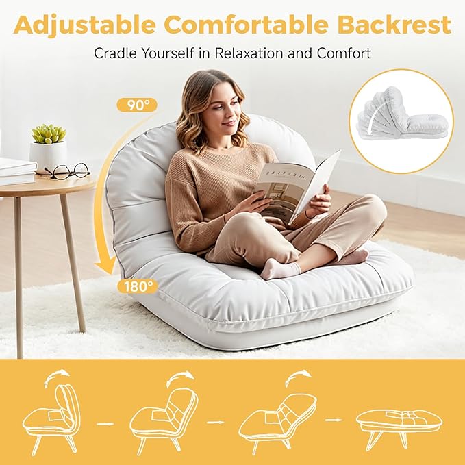 NEWBULIG Floor Chair Adjustable Space Saving Accent Chair for Living Room &amp Bedroom Comfy Reading &amp Meditation Chair Compact Foldable Design for Easy Storage Modern Faux Leather Cream