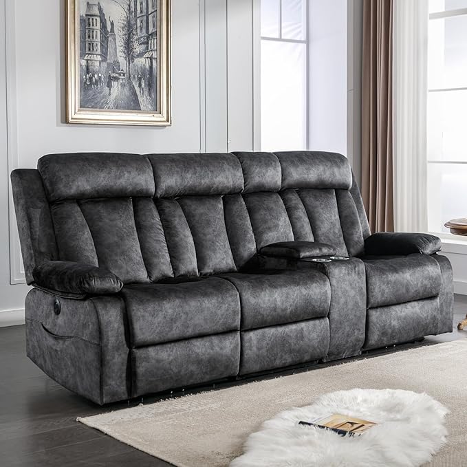 3 Seater Recliner Sofa Reclining Loveseat with Console Power Reclining Sofa with Heat and Massage Cup Holders USB &amp Type-C Charge Ports for Living Room