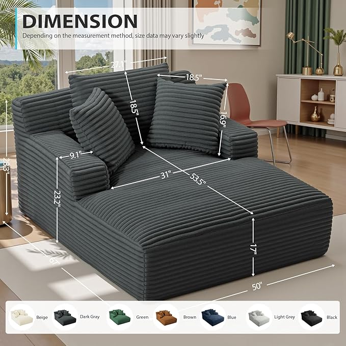 67 Inch Chaise Lounge Chair Indoor Oversized Corduroy Upholstered Boneless Sofa Bed Deep Seat Sleeper Couch Reading Chairs Cloud Sofas Couches for Living Room No Assembly Required (Dark Grey)