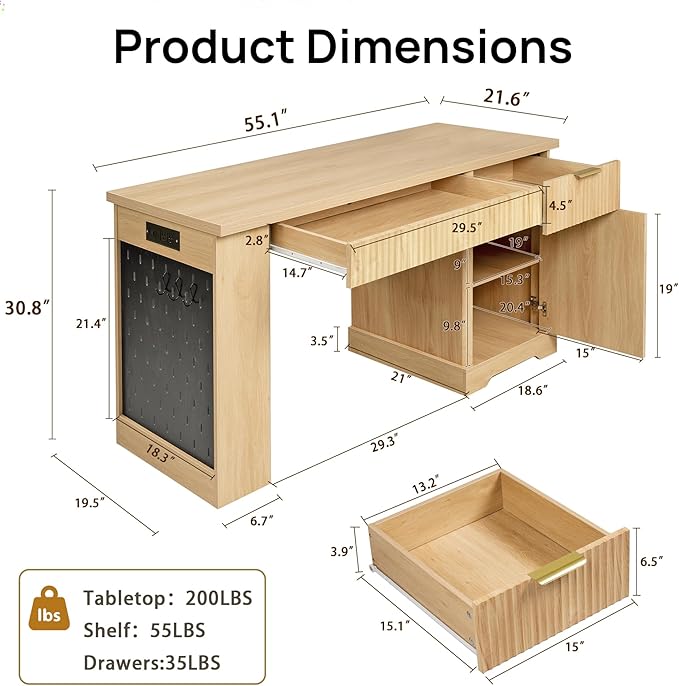 55 Modern Wavy Fluted Office Desk with Storage Cabinet Home Office Desk with Charging Station DrawerPegboard &amp Keyboard Tray - Study Writing Desk for Home Office Study Living Room Light Oak