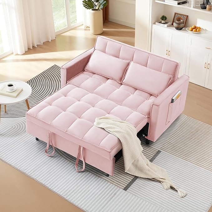 3 in 1 Convertible Sleeper Sofa Bed Modern Velvet Loveseat Pull-Out Couch w/Pullout Bed Small Love Seat Lounge Sofa w/Reclining BackrestToss Pillows Pockets for Living Room (Pink 55.1)