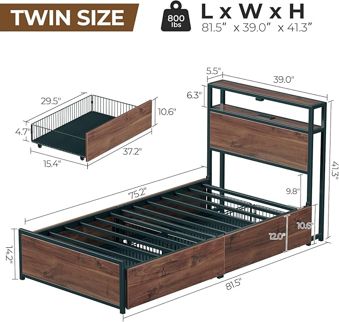 Rolanstar Twin Bed Frame with 4 Storage Drawers &amp 2-Tier Storage Headboard Metal Platform Bed Frame with Charging Station &amp LED Lights Noise-Free No Box Spring Needed Easy Assembly Espres