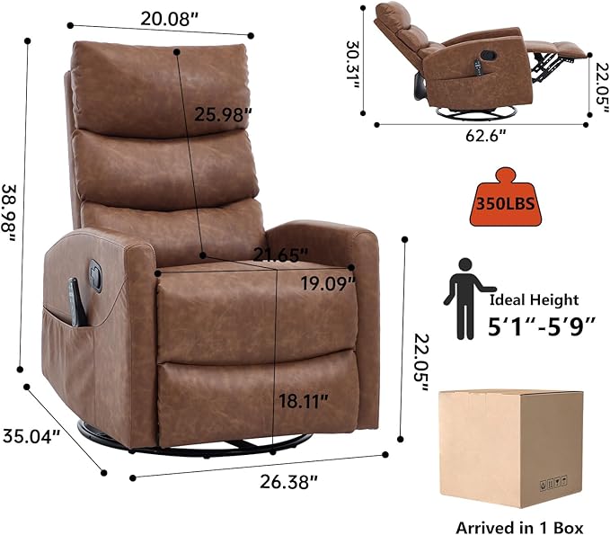 PELUMY 360° Swivel Rocker Recliner with Heat &amp Vibration Massage Glider Rocking Chair for Adults Compact Recliner for Living Room Small Spaces Nursery Bedroom (Breathable Leather Earth Yello