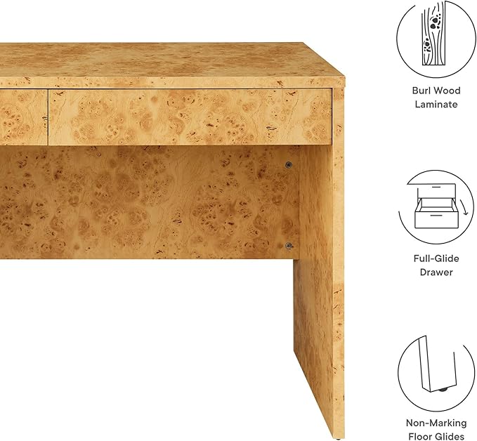 Modway Hudson Burl Wood Desk with Drawers in Natural - Modern Writing Desk - Narrow Home Office Desk - Vanity Table Without Mirror