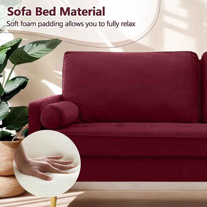 65 Love Seat Sofa Velvet Small Sofa Small Couch for Bedroom Living Room Bedroom Loveseat with 2 Pillows Gold Legs Modern Tufted Seat Upholstered Seating for Office Apartment (Red)