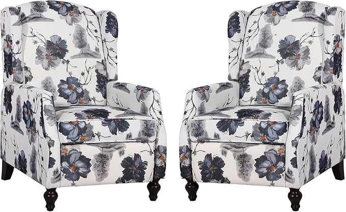 Set of 2 Wingback Recliner Chair - Tufted Arm Chair Recliner - Fabric Push Back Single Sofa for Living Room Adjustable Backrest (Blue Floral)