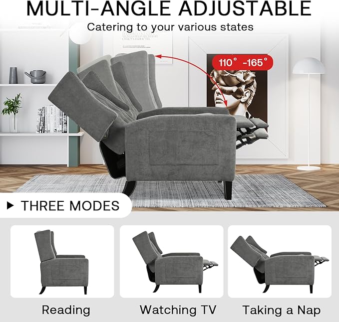 Manual Recliner Chair with Foldable Side Table USB Charger Wingback Tufted Wall Hugger Recliners for Small Spaces Living Room Bedroom Lazy Boy Style Recliner