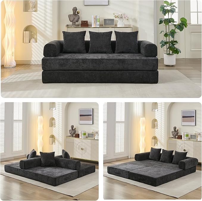 Convertible Sofa Bed 4-in-1 Floor Foldable Couch Bed with Armrests &amp Pillow Chenille Fabric No Assembly Required Comfy Memory Foam Couch Lounge Sofa for Living Room Black