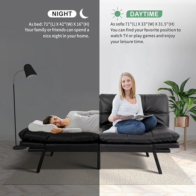 MUUEGM 71 Futon Sofa Bed Convertible Couch Filled with Memory Foam Modern Loveseat with Adjustable Backrest&ampArmrest Sofas for Living RoomGame RoomDormitoryOffice.Matte Black Leather
