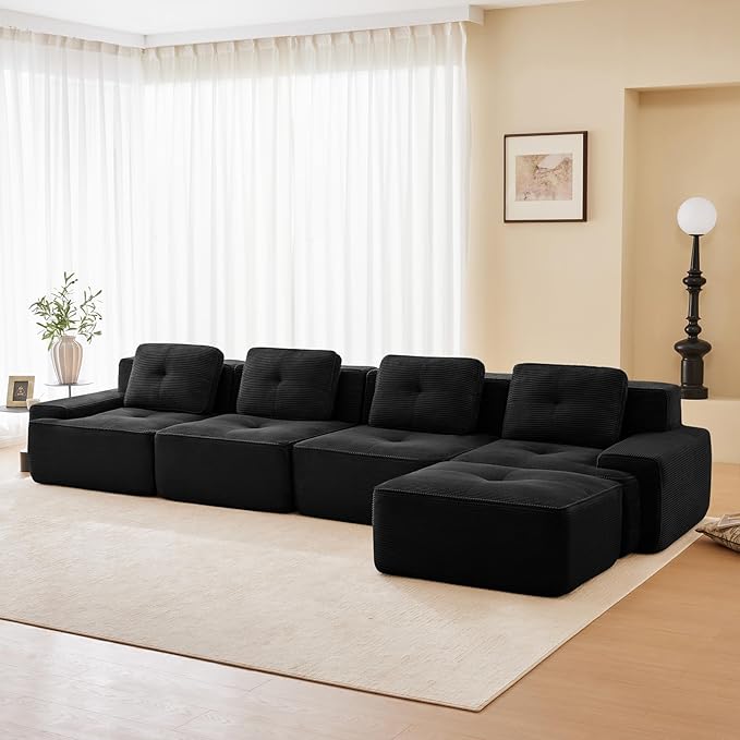 153 Modern Compressed Boneless Couch with Ottoman 4 Seater Large L Shaped Sectional Couches for Living Room Black Corduroy Cloud Modular Sectional Sofa Memory Foam Extra Deep No Assembly