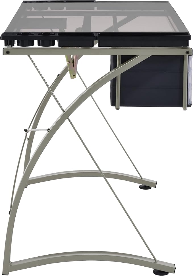 Coaster Home Furnishings - Melo - Metal and Glass - 41-Inch Drafting Table with Adjustable Pitch Three Drawers Retractable Pencil Ledge and Storage Compartments - Home Office - Silver - 800986